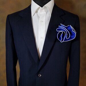 NEW Royal Blue Satin 2-in-1 Pouf Round Pocket Square with White Trim